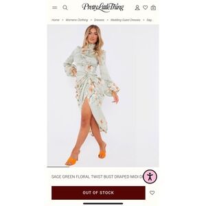 PrettyLittleThing Floral High‎ Neck Ruched Long Sleeve Dress Sage Green USA 4